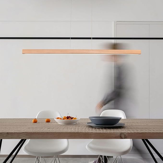 Wooden Linear Pendant Light 47" LED Pendant Light Dimmable Pool Table Island Lights Modern Linear Chandeliers for Dining Room Kitchen Ceiling Pendant Lamp for Dining Room Billiard Room Natural
