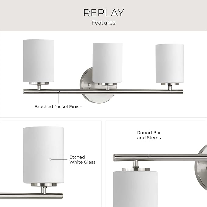Replay Collection 3-Light Etched White Glass Modern Bath Vanity Light Brushed Nickel
