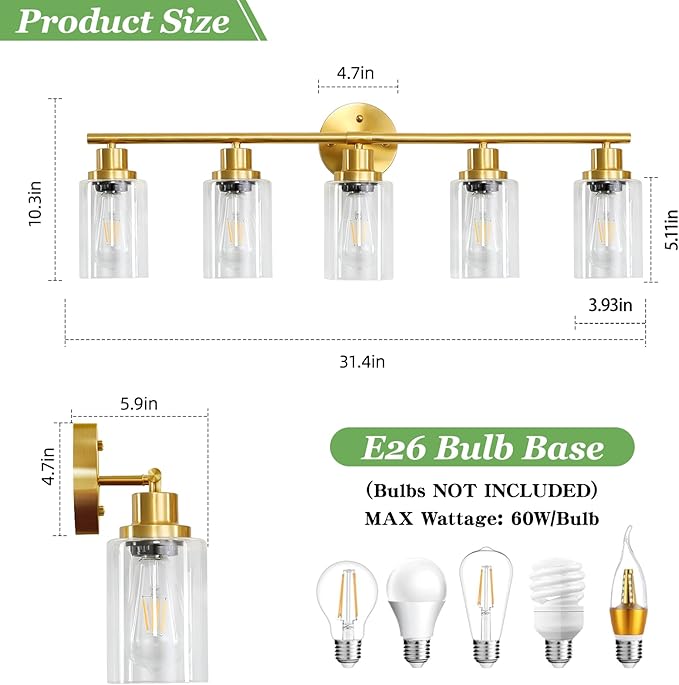 5-Light Bathroom Vanity Lights, E26 Modern Brushed Gold Bathroom Light Fixtures with Clear Glass Shade, Mirror Kitchen Hallway Cabinet Living Room Sconces Wall Lights
