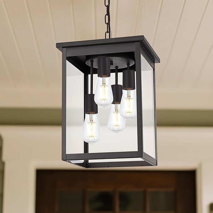 Yaohong 4-Lights Outdoor Pendant Light Fixture with Clear Glass, Oil Rubbed Bronze Farmhouse Exterior Ceiling Hanging Light Fixture with Adjustable Chain, Outdoor Hanging Lantern for Porch Entrance