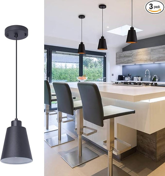 Modern Black Pendant Light Fixture 5.94'' (3-Pack) Mini 1-Light Pendant Lighting 3-Pack for Kitchen Island Industrial Hanging Pendant Light Cup Shade for Christmas Gift,Dining Room,Bar,E26,MAX60W