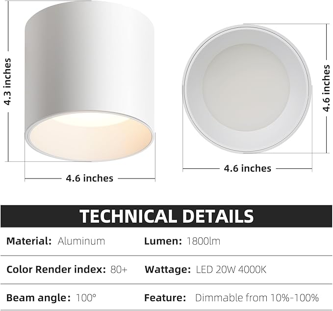 OKELI White Hallway Flush Mount Ceiling Light Fixtures for Kitchen Entryway, Modern LED Dimmable Close to Ceiling Lighting, 4.6'' Cylinder Ceiling Lamps for Dining Room Living Room, 20W 4000K 3 Pack