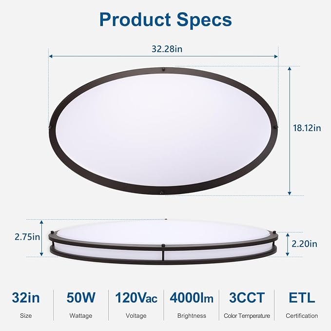 DAKASON 2Pack 32In Oval LED Flush Mount Ceiling Light for Kitchen, 50W Big Ceiling Light Fixture for Living Room, 3500K/4000K/5000K, Dimmable for Dining Room/Laundry/Hallway, Oil Rubbed Bronze