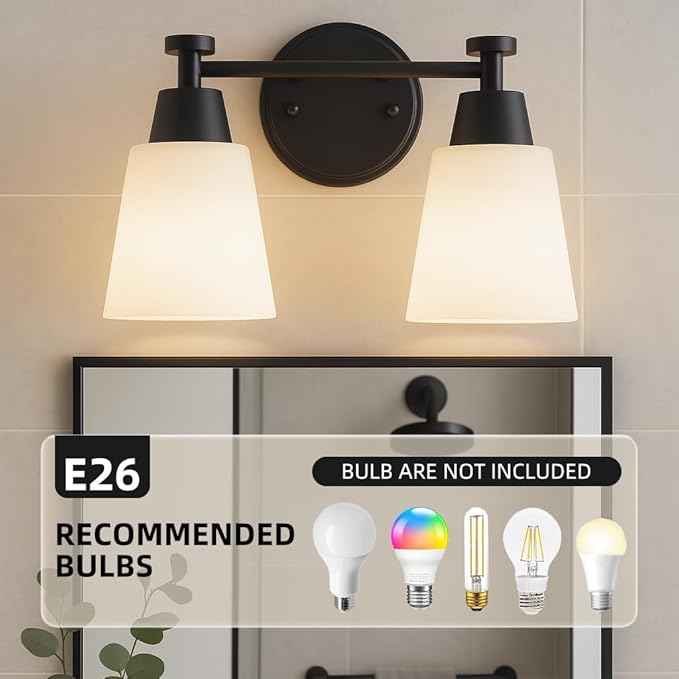 Bathroom Vanity Light, 2 Light Modern Matte Black Stainless Steel Over Mirror Vanity Light Fixture with Frosted Glass, Wall Sconces Lighting for Bedroom Living Room