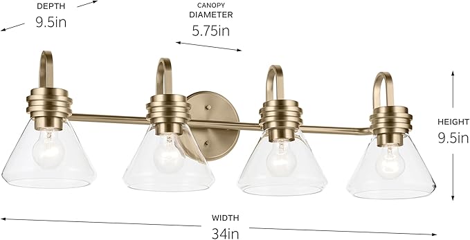 Kichler Farum 34" 4-Light Bathroom Vanity Light Fixture with Clear Glass in Champagne Bronze for Single or Double Vanity, Modern Lighting Fixture (34" x 9.5" x 9.5"), 55156CPZCLR
