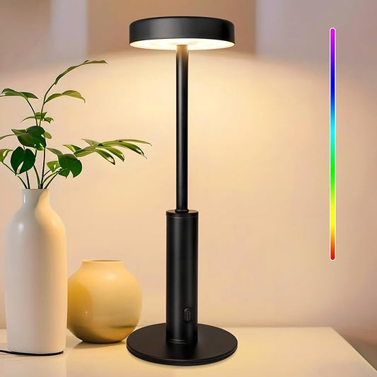 Wowag Small Cordless Table Lamps Rechargeable,5000mAh Battery Operated Portable Desk Lamp,3 Colors & RGB Stepless Dimmable Wireless Touch Lamps for Restaurant Home Dinner Dining Patio(Black)