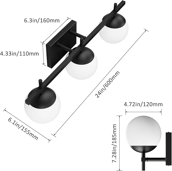 Ralbay Mid Century Modern Bathroom Vanity Lights Matte Black Milky Glass Modern Bathroom Wall Lights Over Mirror, Black 3-Light (Exclude Bulb)