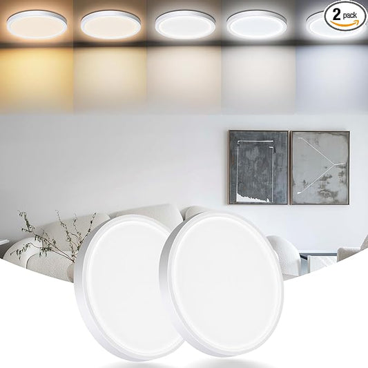 LED Flush Mount Ceiling Light Fixture, 24W 12Inch 3000K/3500K/4500K/5000K/6500K 5 Color Changeable 2880LM Low Profile Ceiling Light for Bedroom, Living Room, Dining Room,White 2 Packs