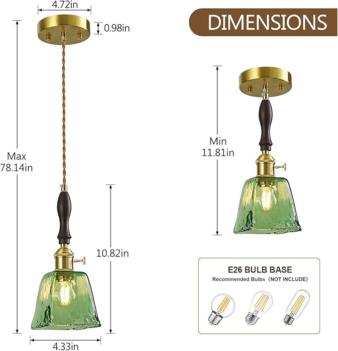 Green Glass Vintage Pendant Light Height Adjustable Handmade Glass Pendant Lights Kitchen Island Gold Hanging Light Fixture with Wood Handle for Bedroom Dining Room Hotel (1 Pack)