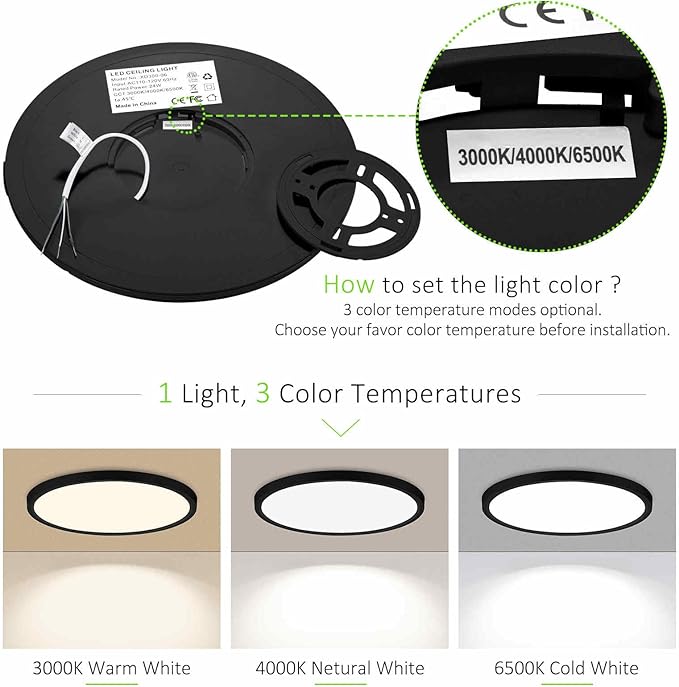 6 Pack LED Flush Mount Ceiling Light, 24W Ultra Thin Round White Lamp 3000K/4000K/6500K 3 Color Temperatures Adjusted 12 Inch Modern Ceiling Lights, Black