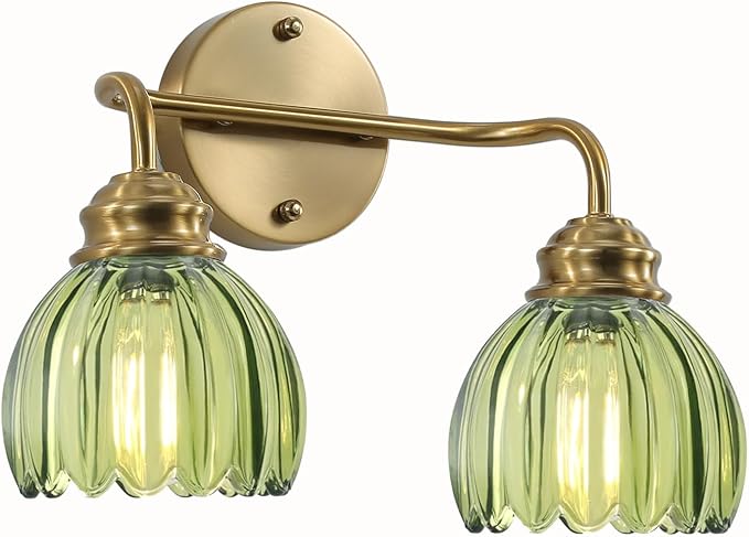 2 Light Vintage Bathroom Light Fixtures, Gold Bathroom Vanity Light, Brass Finish with Green Tulip Glass Shade, Wall Lighting for Bedroom, Living Room, Hallway,E26 Base