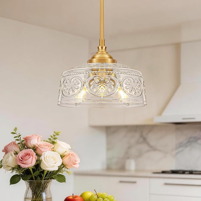 Vintage 3-Light Pendant Light With Embossed Glass Shade, Farmhouse Brushed Gold Pendant Lights Kitchen Island, 2-in-1 Adjustable Hanging & Semi-Flush Mount for Bathroom,Dining Room,Bedroom,Hallway,E12