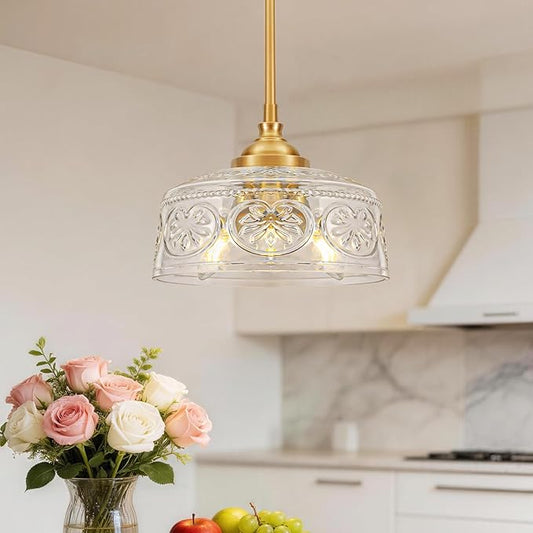 Vintage 3-Light Pendant Light With Embossed Glass Shade, Farmhouse Brushed Gold Pendant Lights Kitchen Island, 2-in-1 Adjustable Hanging & Semi-Flush Mount for Bathroom,Dining Room,Bedroom,Hallway,E12