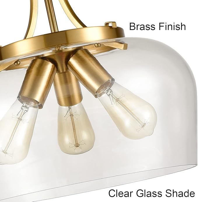 Modern Gold Pendant Lights Mid Century 3-Light Clear Glass Pendant Lighting with Adjustable Chain Hardwired Brass Glass Chandelier for Kitchen Island Dining Room