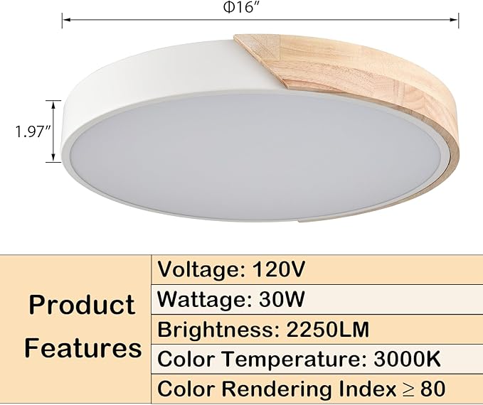 Minimalist LED Flush Mount Ceiling Light 16-Inch 30W 4000K White Wood Ceiling Light Fixture Low Profile Flush Mount Lighting for Bedroom Hallway Kids Room Lobby Living Room