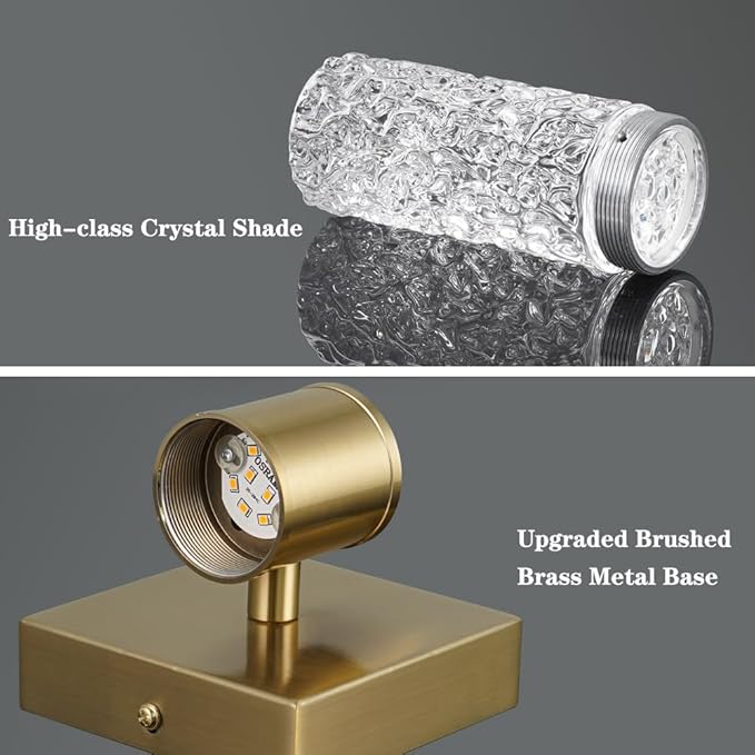 Gold Bathroom Light Fixture, Modern Brushed Vanity Light with, Crystal 6 Light Bathroom Vanity Light Fixtures Over Mirror, 27w LED Hardwired Wall Sconce, Warm White