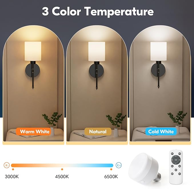 NIORSUN 15 inch Battery Operated Wall Sconce Set of 2, Black Wireless Rechargeable Wall Lights with 5200mAh Dimmable Detachable Bulbs and Remote, 9 Colors Sconces Wall Decor for Bedroom Living Room