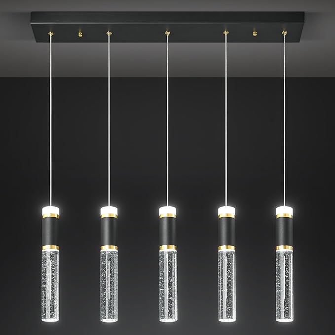 Pendant Lights Kitchen Island, Dimmable LED Pendant Light Fixtures, Black Gold Pendant Light Modern with Bubble Crystal Pendant Light, Pendant Lighting for Kitchen Island Dining Room 5-Light