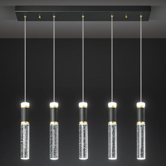 Pendant Lights Kitchen Island, Dimmable LED Pendant Light Fixtures, Black Gold Pendant Light Modern with Bubble Crystal Pendant Light, Pendant Lighting for Kitchen Island Dining Room 5-Light