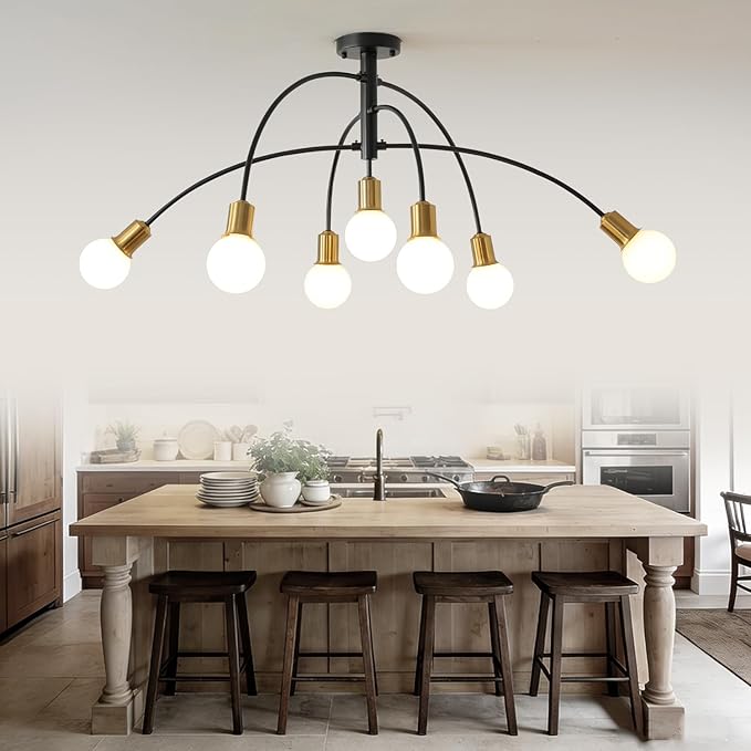Modern Mid Century Large Kitchen Island Chandelier,Bright Long 7 Light Gold and Black Sputnik Semi Flush Mount Ceiling Light Fixture for Dining Room Living Room Bedroom