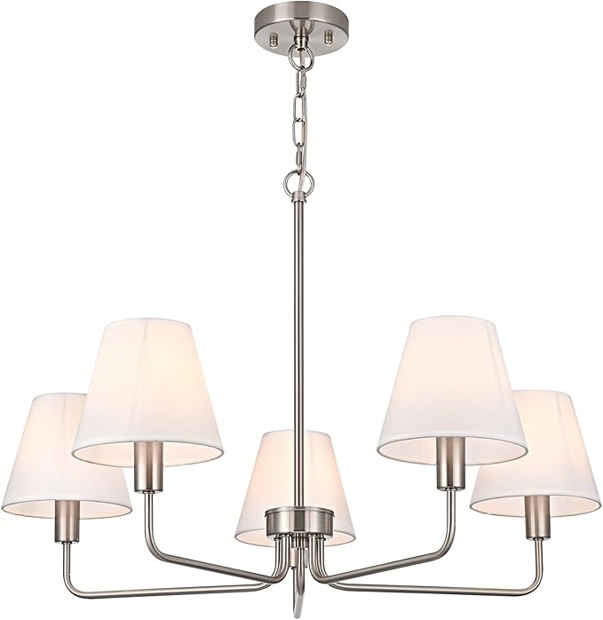 Brushed Nickel Chandeliers for Dining Room,5 Lights Modern Dining Room Light Fixtures Over Table,Height Adjustable Farmhouse Chandelier with White Fabric Shade for Kitchen Island,Living Room