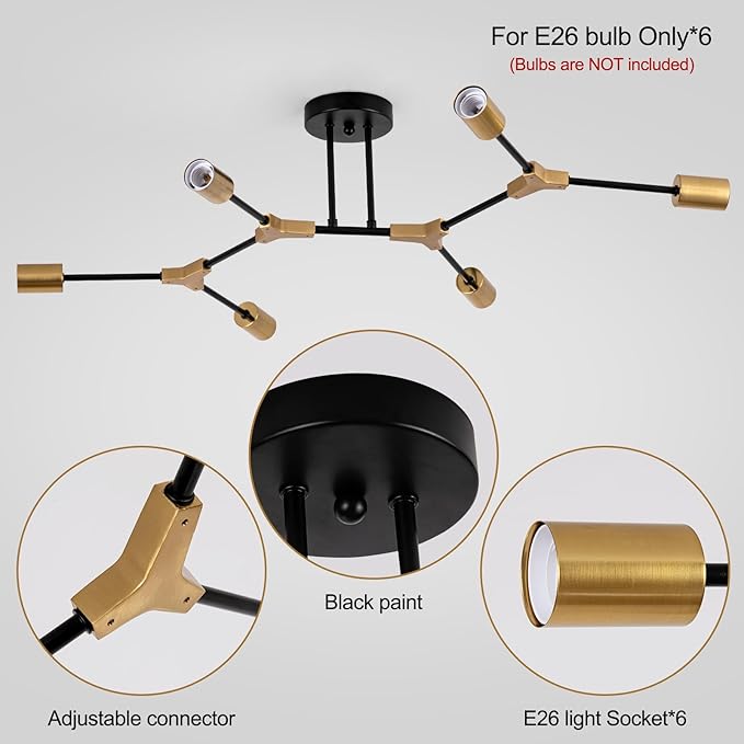 Black and Gold Semi Flush Mount Ceiling Lighting Fixture, 6 Lights Sputnik Chandelier for Living Room, Modern LED Ceiling Light Fixture for Dining Room, Bedroom, Kitchen