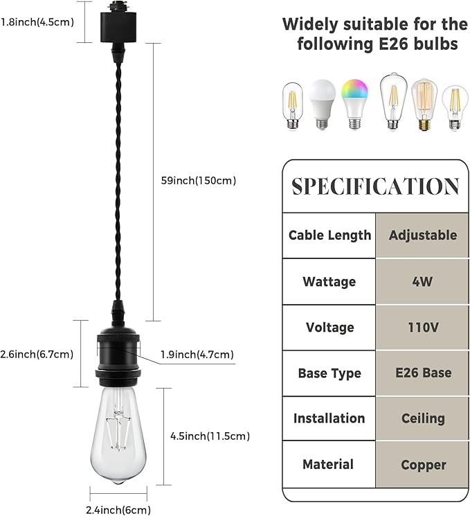 Universal H-Type Pendant Track Lights Kit with 3 Bulbs,3-Pack Black Track-Mounted Hanging Fixtures 4000K Natural Light Bulbs, E26 Socket for Kitchen Island and Dining Room