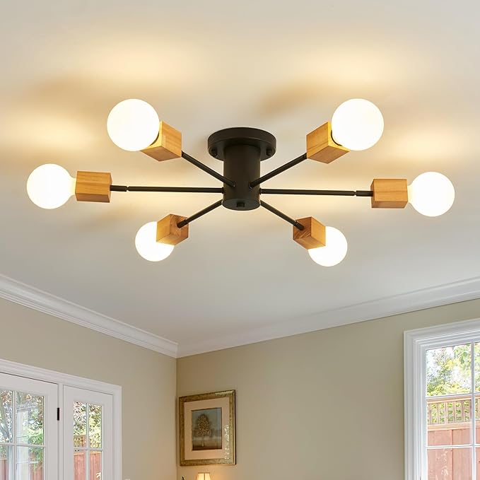 Semi Flush Mount Wood Ceiling Light Fixture 6-Lights Rustic Wooden Sputnik Chandelier Farmhouse Ceiling Lighting Oak and Black with E26 for Dining Room Bedroom Kitchen Lighting Fixture.