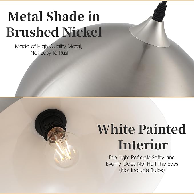 Brushed Nickel Pendant Light Kitchen Island 3 Pack, 11.8" Farmhouse Pendant Lights,Dome Pendant Light for Bedroom Dining Room Sink Hallway Foyer Barn Cafe