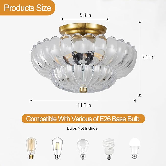 Semi Flush Mount Ceiling Light, Gold Light Fixture Ceiling Mount with Scalloped Clear Glass Shade, 3 Lights Vintage Chandelier, Modern Farmhouse Lighting for Hallway Kitchen Bedroom Foyer,