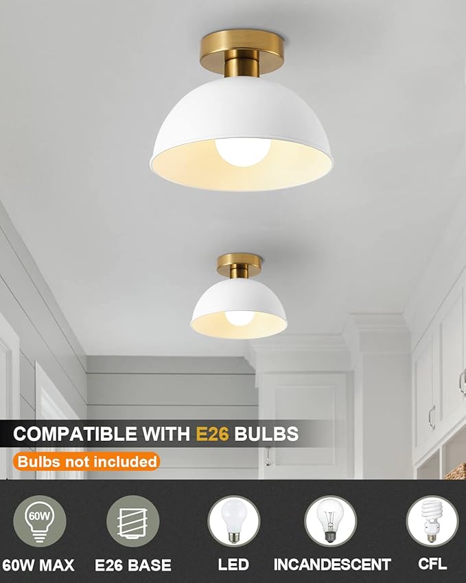 3-Pack Industrial Semi Flush Mount Ceiling Light with Gold Plate and White Shade, Farmhouse Ceiling Light Fixture for Kitchen Island Dining Room Foyer Hallway Porch Barn Loft，10in