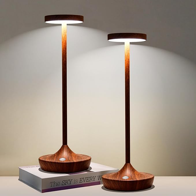Rechargeable Cordless Table Lamp, 6000mAh Battery Powered LED Desk Lamp, Portable Metal Touch Lamp with 3-Level Dimming, Waterproof Outdoor Light for Patio, Restaurant, Dining (2 Woodgrain)