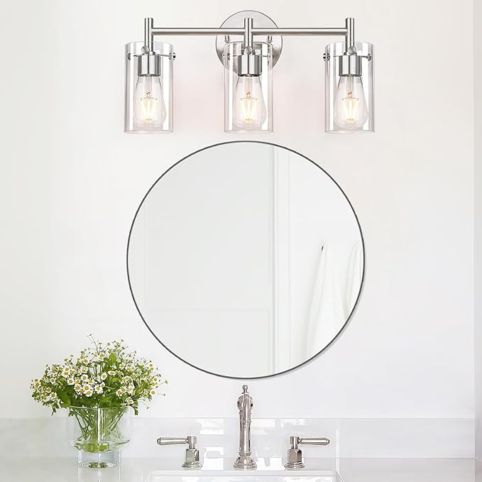 Indoi 3-Light Brushed Nickel Bathroom Vanity Light Fixtures, Clear Glass Shade Wall Sconces for Mirror, Bedroom, Living Room, Hallway