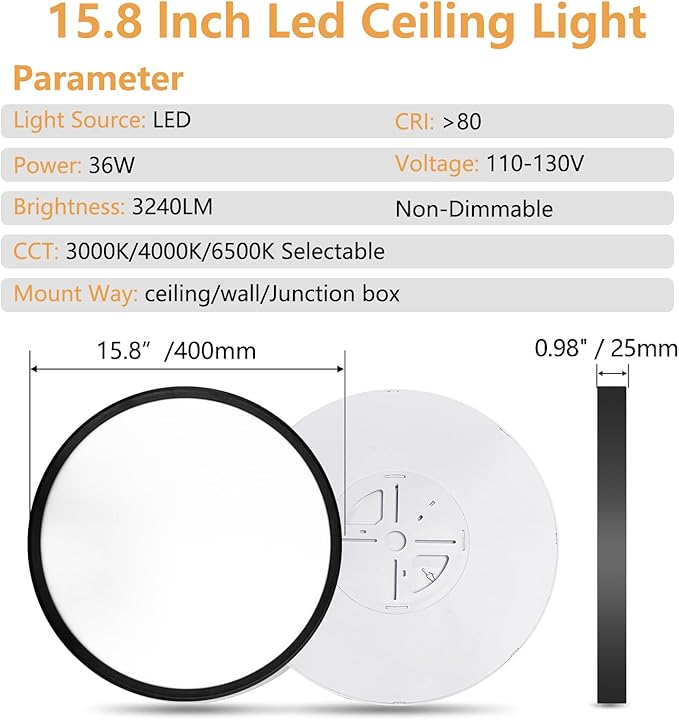 6PK 15.8 Inch Led Ceiling Light Flush Mount, 34W, 3060LM, 3000K/4000K/6000K CCT Selectable Super Slim LED Ceiling Light, Close to Ceiling Round Flat Panel Light for Hallway, Bedroom,Kitchen ect