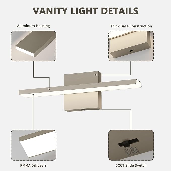 JUSHENG Brushed Nickel Modern LED Vanity Lights for Bathroom Light Fixtures, 16 Inch 16W 5CCT Dimmable Vanity Light Bar Bathroom Lighting, ETL Certificated