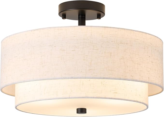 16" Semi Flush Mount Ceiling Light Fixture, Close to Ceiling Light Fixtures with Farmhouse Fabric Linen Shade, Double Drum Black Flush Mount Ceiling Light for Living Room Bedroom Dining Room Kitchen