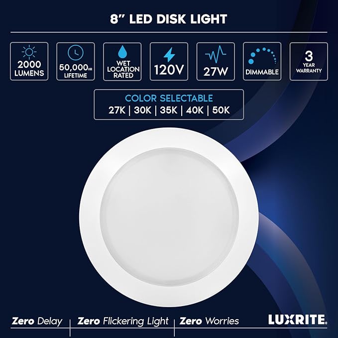 LUXRITE 8 Inch LED Disk Lights, 27W, 5CCT 2700K | 3000K | 3500K | 4000K | 5000K, Flush Mount Recessed Retrofit Ceiling Light, 2000LM, Dimmable, J-Box or 6" Can Install, Energy Star, ETL (4 Pack)