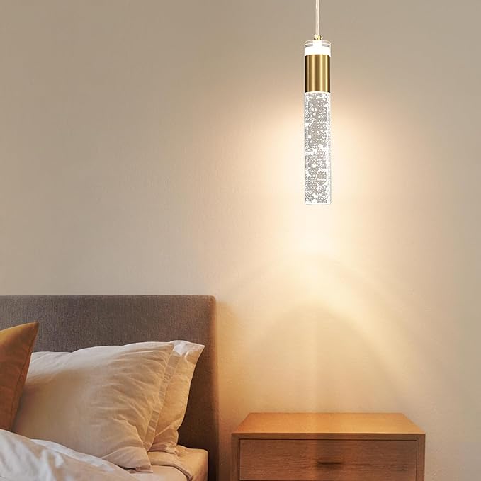 Modern Kitchen Island Pendant Lights, Gold Bubble Crystal Ceiling Hanging Light, 3 Color 2700K/4500K/6500K, Mini Linear LED Chandelier Lighting for Dining Room, Bedroom, Bar, Hallway, Bedside