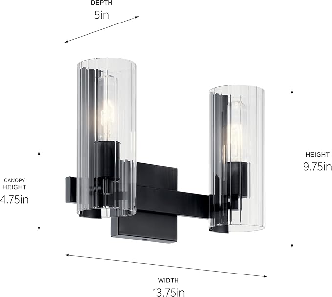 Kichler Jemsa 2-Light Bathroom Vanity Light Fixture with Clear Fluted Glass in Black, Modern Wall Mount Light for Bathroom or Powder Room (9.75" x 13.75"), 55167BK