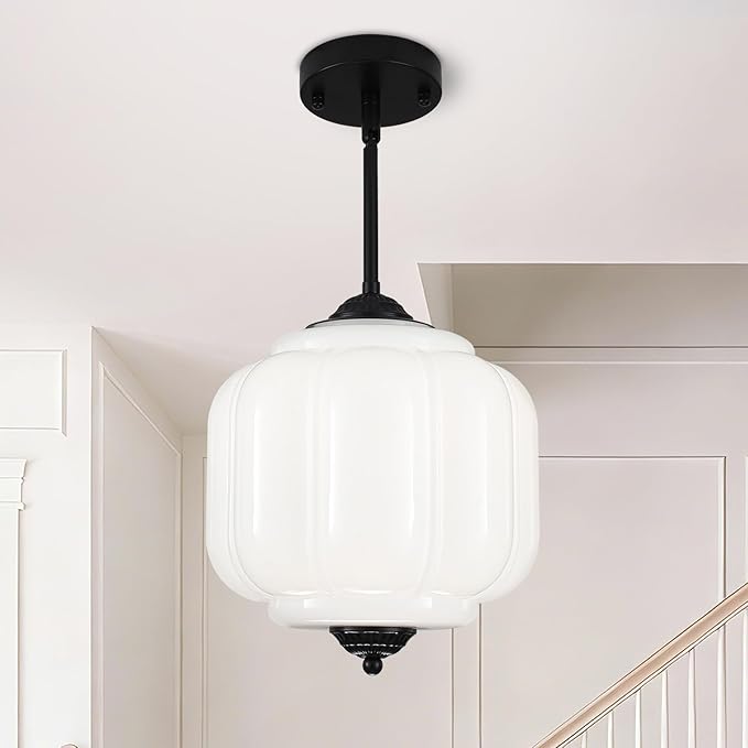 Antique Black Milk Glass Ceiling Light Fixture, 9.8in Vintage Semi Flush Mount Pendant Light, Retro Milk Glass Chandelier for Entryway, Dining Room, Bedroom, Hallway, Foyer