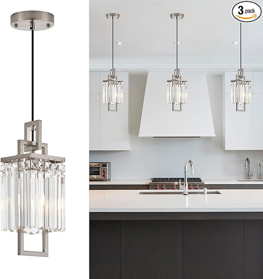 Modern Brushed Nickel Pendant Light Fixture for Kitchen Island and Dining Room, Industrial Small Hanging Crystal Chandelier Light Fixture for Bedroom Entryway Living room Foyer Hallway 3-Pack