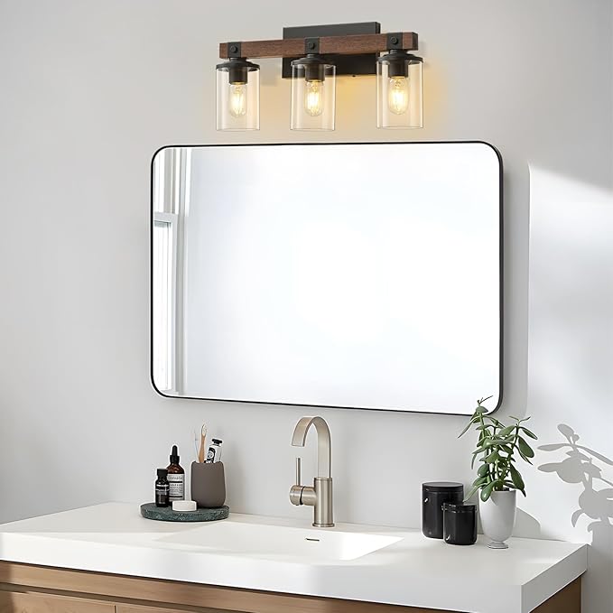 GoYeel Bathroom Light Fixtures Over Mirror, Black Farmhouse Vanity Light Rustic Vintage Wood Bathroom Wall Light Fixtures 3 Light with Clear Glass Shade for Bedroom Hallway