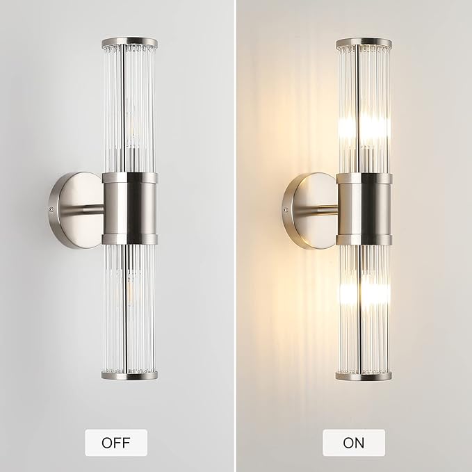 Brushed Nickel Wall Sconce with Glass Rods - Modern Industrial Vanity Light Fixture, E12 Candelabra Base for Bathroom, Bedroom & Hallway (Bulbs Not Included)