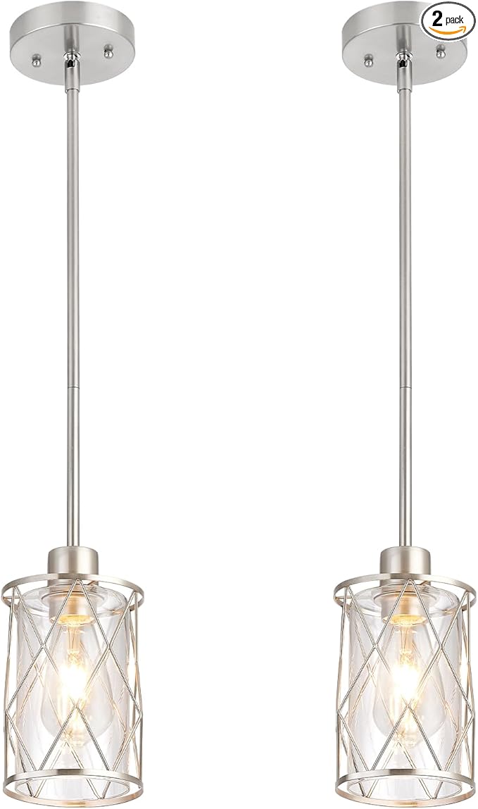 Refice Glass Pendant Lights Kitchen Island, Brushed Nickel Kitchen Hanging Light with Clear Glass, Farmhouse Cage Mini Pendant Lighting for Sink Dining Room Bedroom Bar, 2 Pack