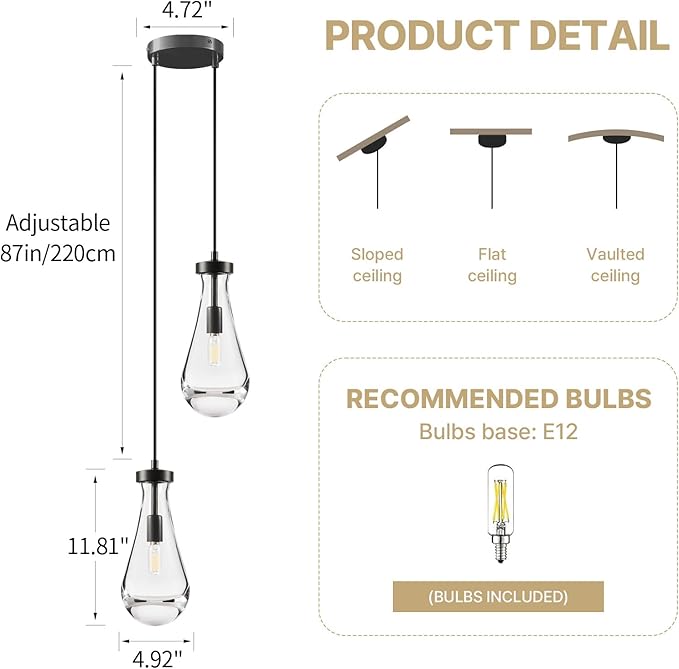 Raindrop Pendant Lights Kitchen Island: 2-Lights Black Crystal Teardrop Adjustable Height Pendant Light Fixtures over Dining Table - Modern Glass Rain Drop Ceiling Chandelier Bedroom Bathroom Lighting