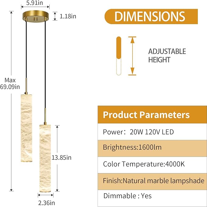 LMQNINE Natural Alabaster Pendant Lights for Kitchen Island White Marble Long Tube Chandelier 4000K Modern Gold Ceiling Light Fixtures for Bedroom Dining Room Table Living Room Hallway(M-2Light)