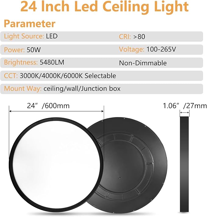 24 Inch Led Ceiling Light Flush Mount, 50W, 5480LM, 3000K/4000K/6000K CCT Selectable Super Slim Black LED Ceiling Light, Close to Ceiling Round Flat Panel Light for Hallway, Bedroom, Kitchen, ect