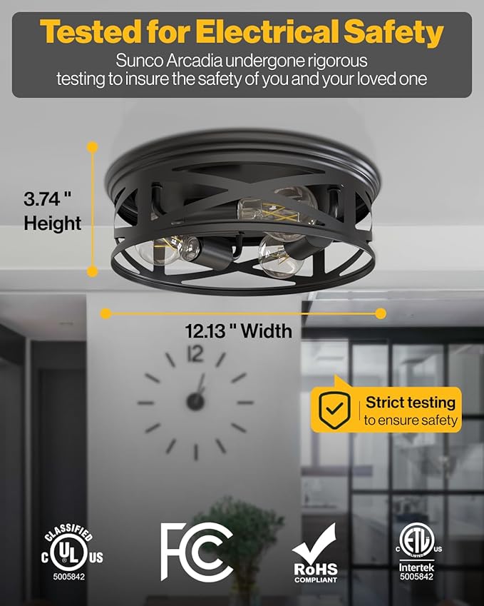 Sunco Farmhouse 3-Light Flush Mount Ceiling Light Fixture, Hallway Matte Black Outdoor Lights, Anti-Corrosive, E26 Base, A19 Edison LED Bulbs Included, for Hallway Kitchen Bathroom 2 Pack