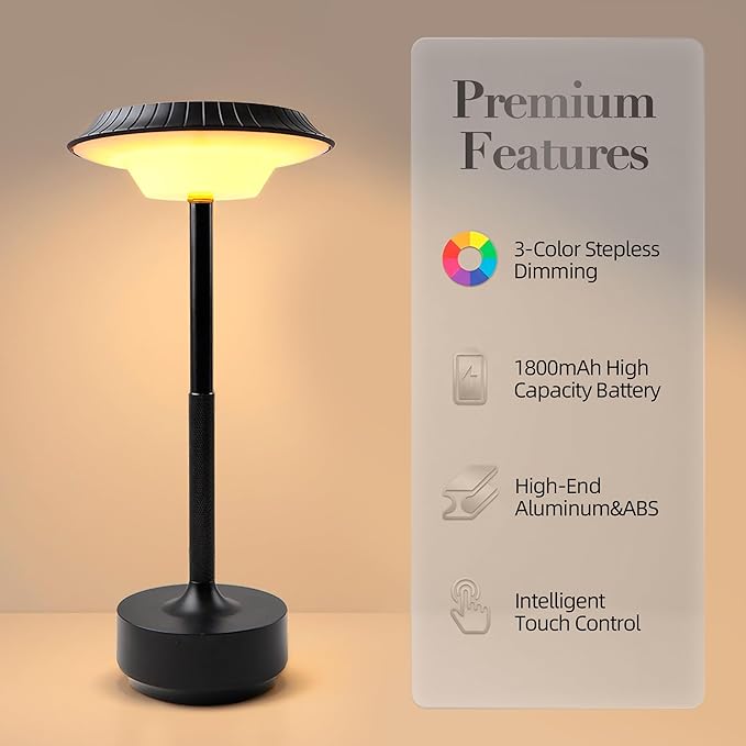 Goodoo Cordless Table Lamp Rechargeable Led Desk Lamp 1800mah Battery Operated 3 Color Stepless Dimming Up Touch Control Night Light (Black)