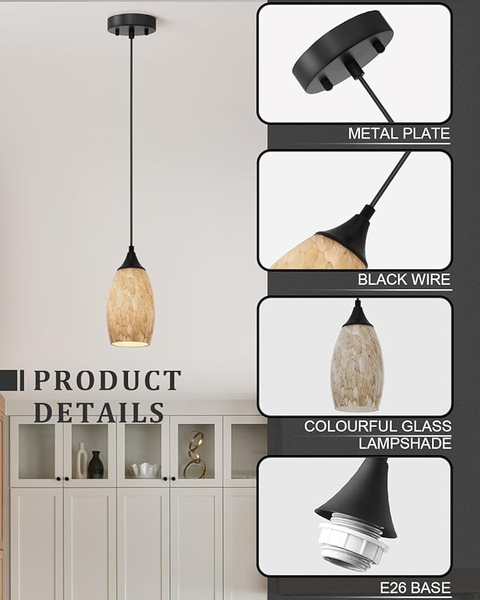 ANYLOVE Vintage Art Brown Pendant Lighting,3-Pack Hand Glass Hanging Light Fixture,Adjustable Cord for Kitchen,Hallway,Dining Room